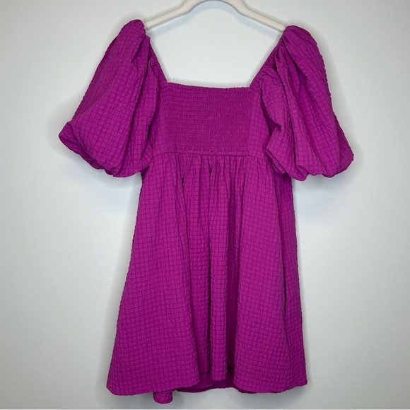 Abercrombie & Fitch Magenta Emerson Textured Puff Sleeve Mini Dress Women’s MP - Picture 7 of 11